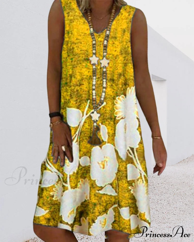 Printed Sleeveless V-Neck Dress Casual Dresses