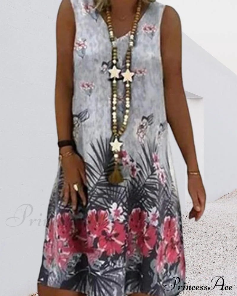 Printed Sleeveless V-Neck Dress Casual Dresses