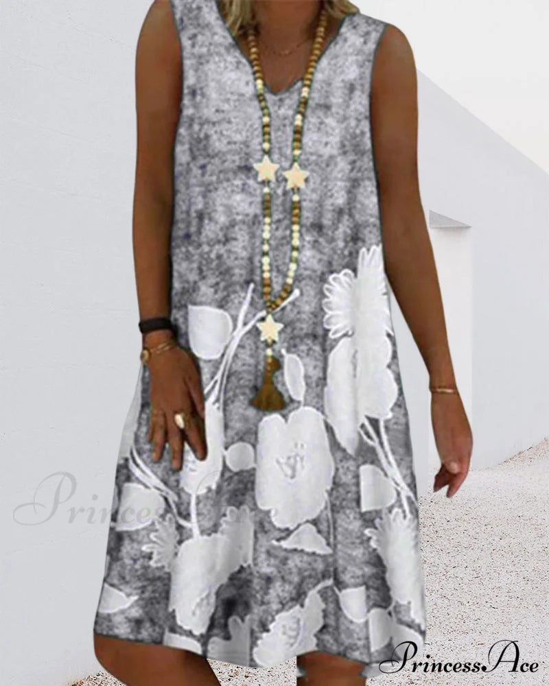 Printed Sleeveless V-Neck Dress Casual Dresses