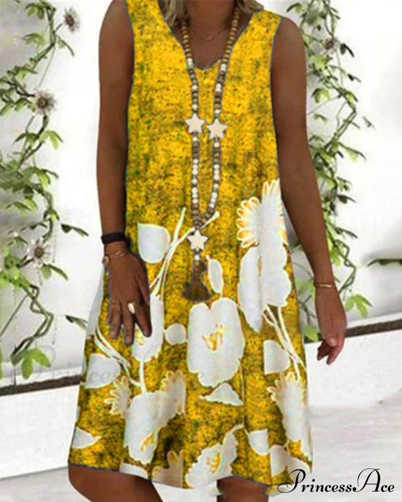 Sleeveless V-neck printed dress Yellow 23BF Casual Dresses Clothes Dresses Spring Summer