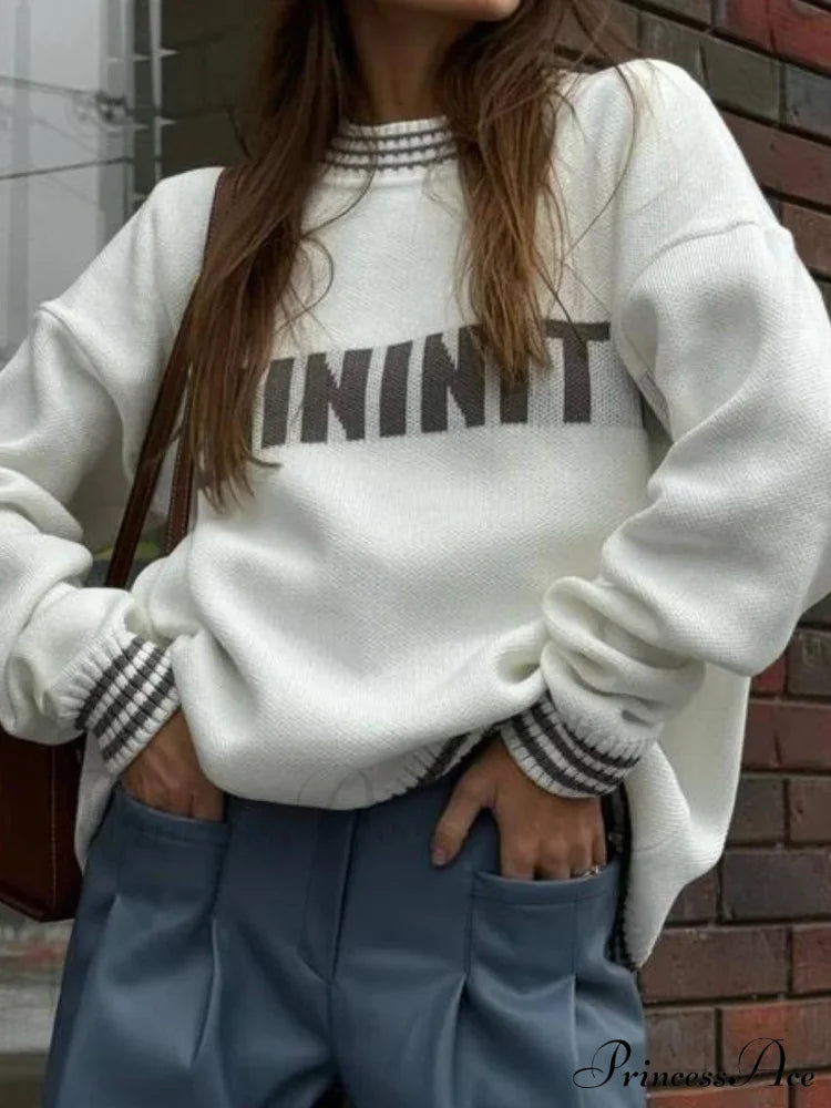 Printed Striped Cozy Stylish Loose Round Neck Comfortable Trendy Autumn Sweater Sweaters-L