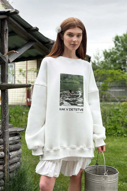 Printed White Loose Casual Crew Neck Pullover Sweatshirt White / S