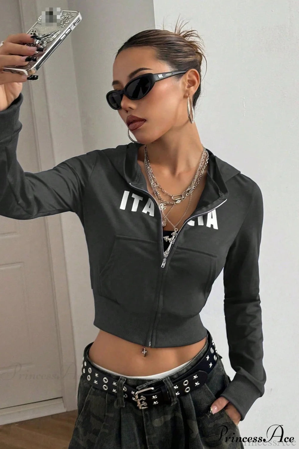 Printed Zip-Up Cropped Hoodie