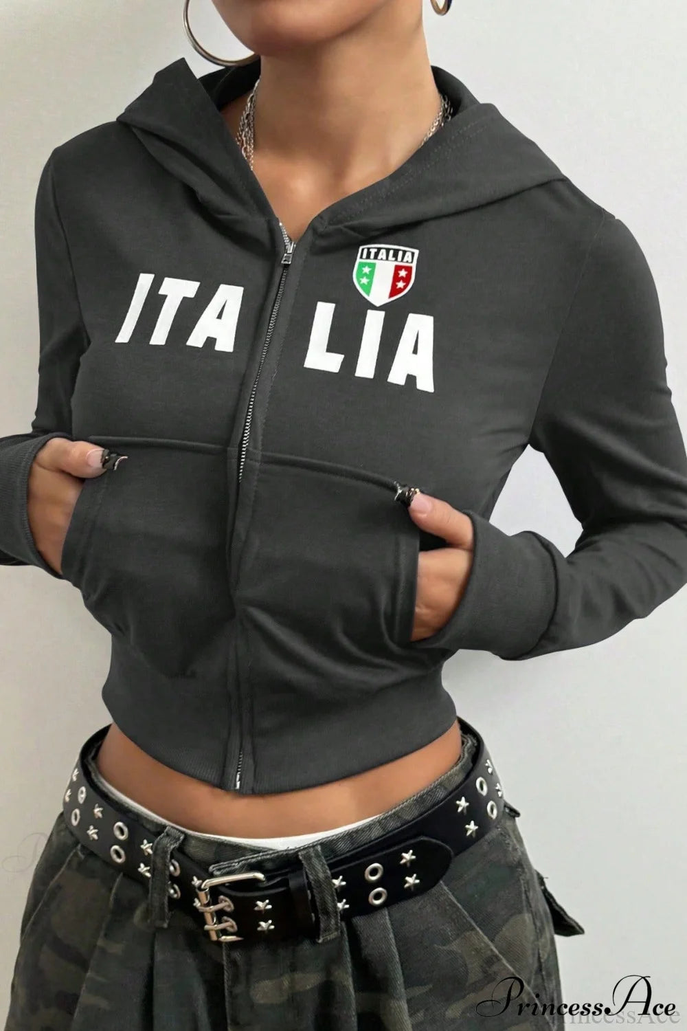 Printed Zip-Up Cropped Hoodie Grey / S
