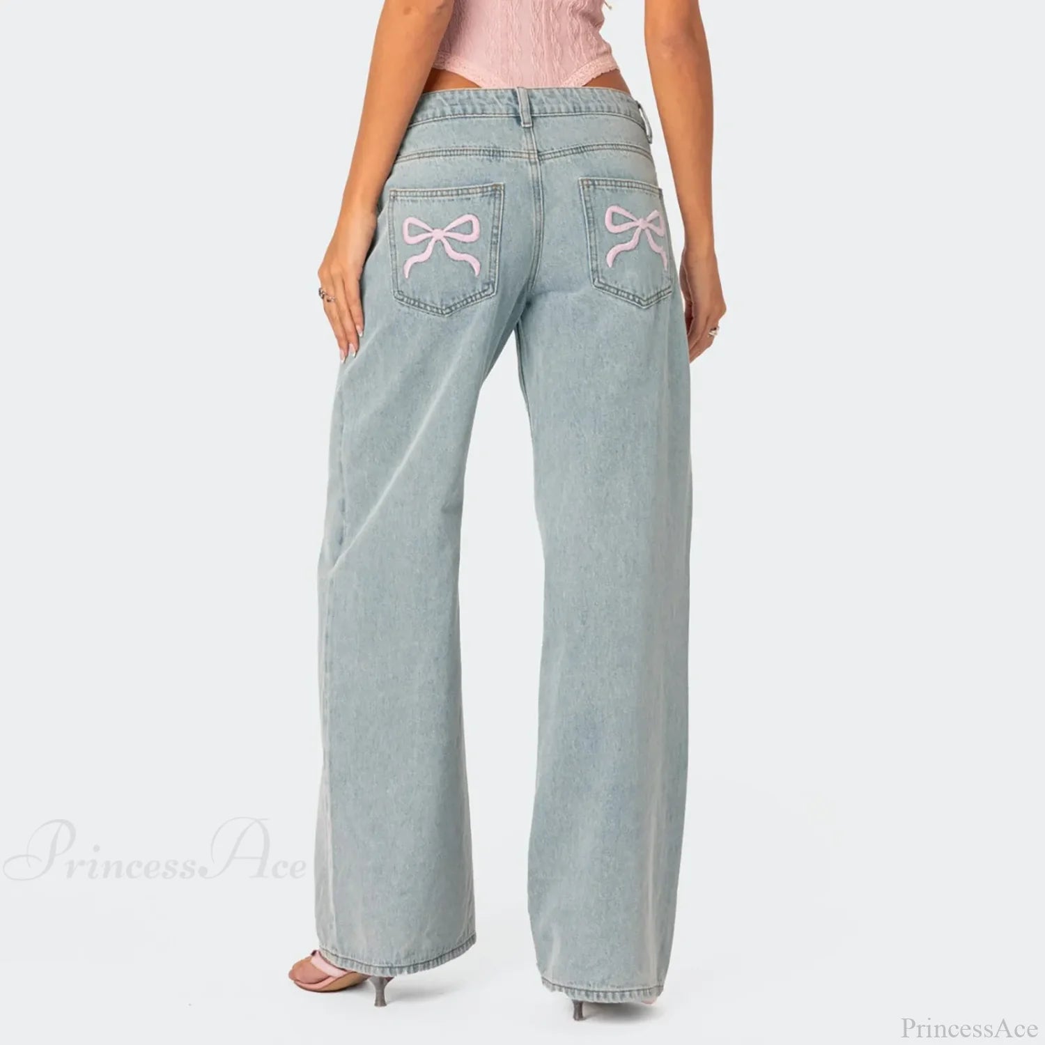 Printed Zipper Front Cowboy Pants Light Blue / S