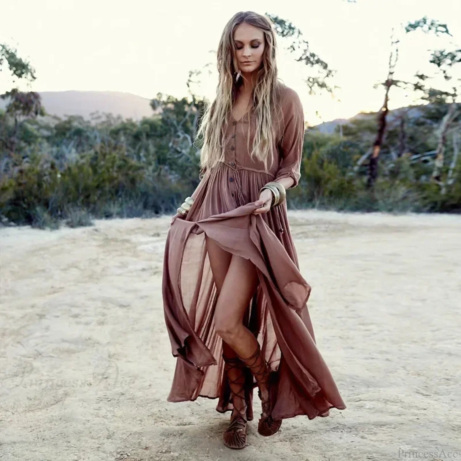 Printing Maxi Deep V Neck Stretch Boho Dress bohodress-250126