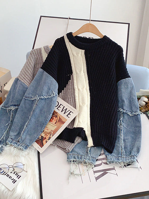 Knitted Color Block Turtleneck Modern Long Sleeve Sweater - Pink Sweaters-L