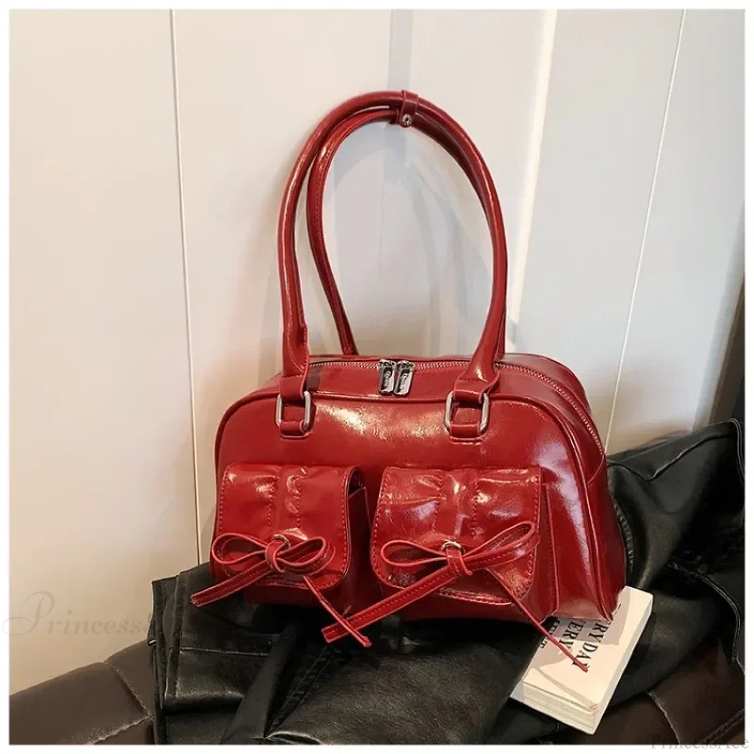 PU Leather Bow Shoulder Handbag Red / 30x17x10cm shoulder-250126