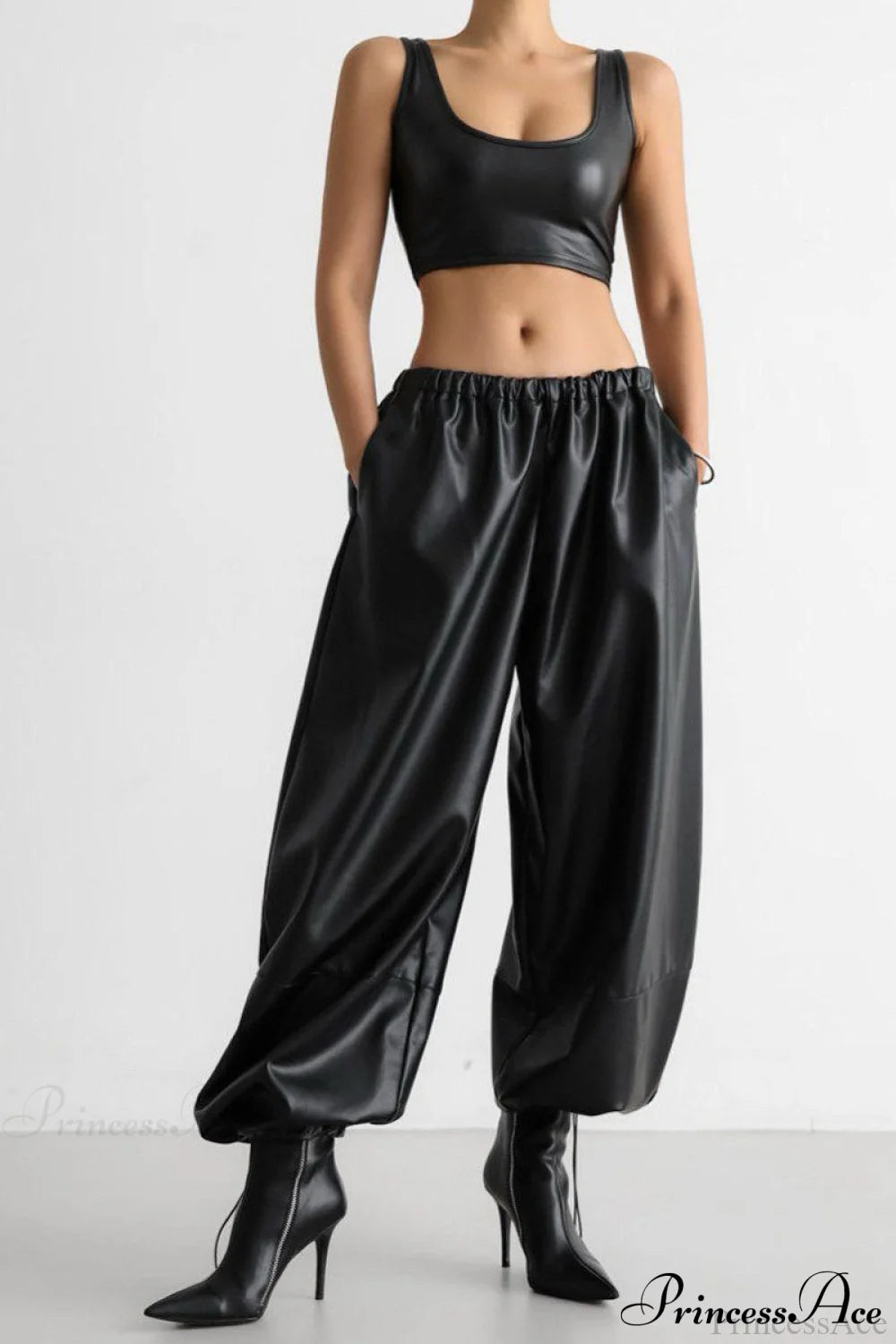 PU Leather Loose Harem Drawstring Pants