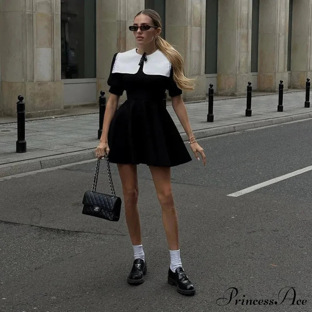 Puff Sleeve Collar Charming Ribbed Mini Dress Solid