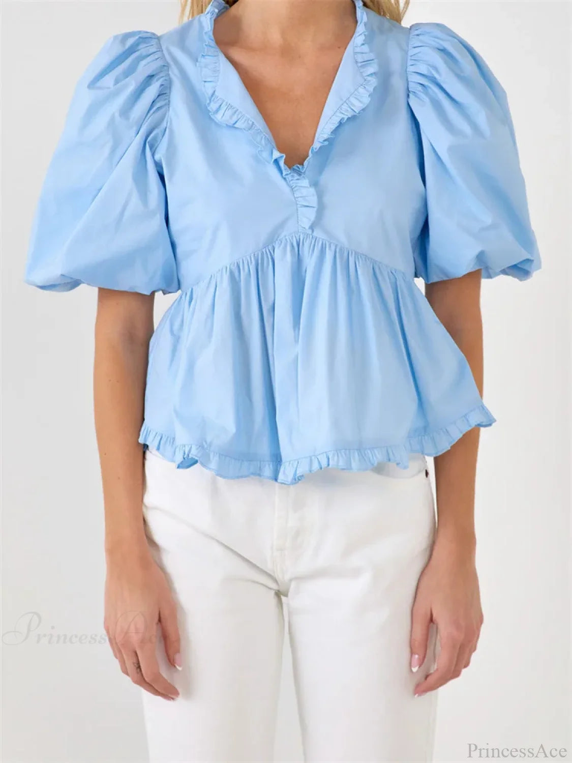 Puff Sleeve Ruffle Trim V-neck Blouse blue / S blouse-250223