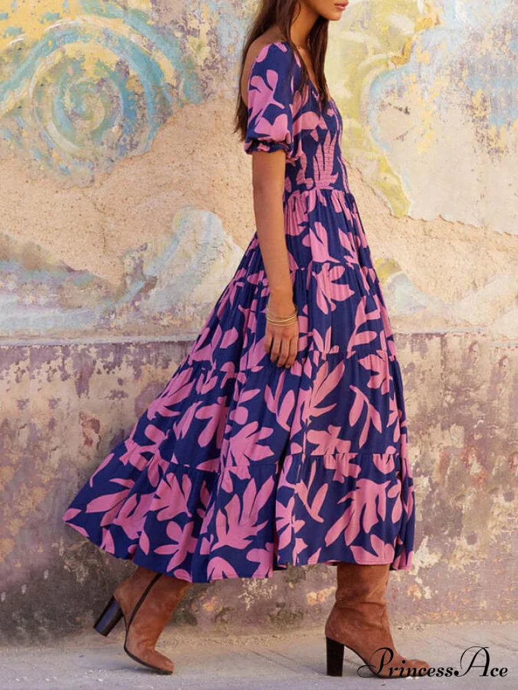 Puff Sleeve Square Charming Neck Printed Midi Dress Dresses