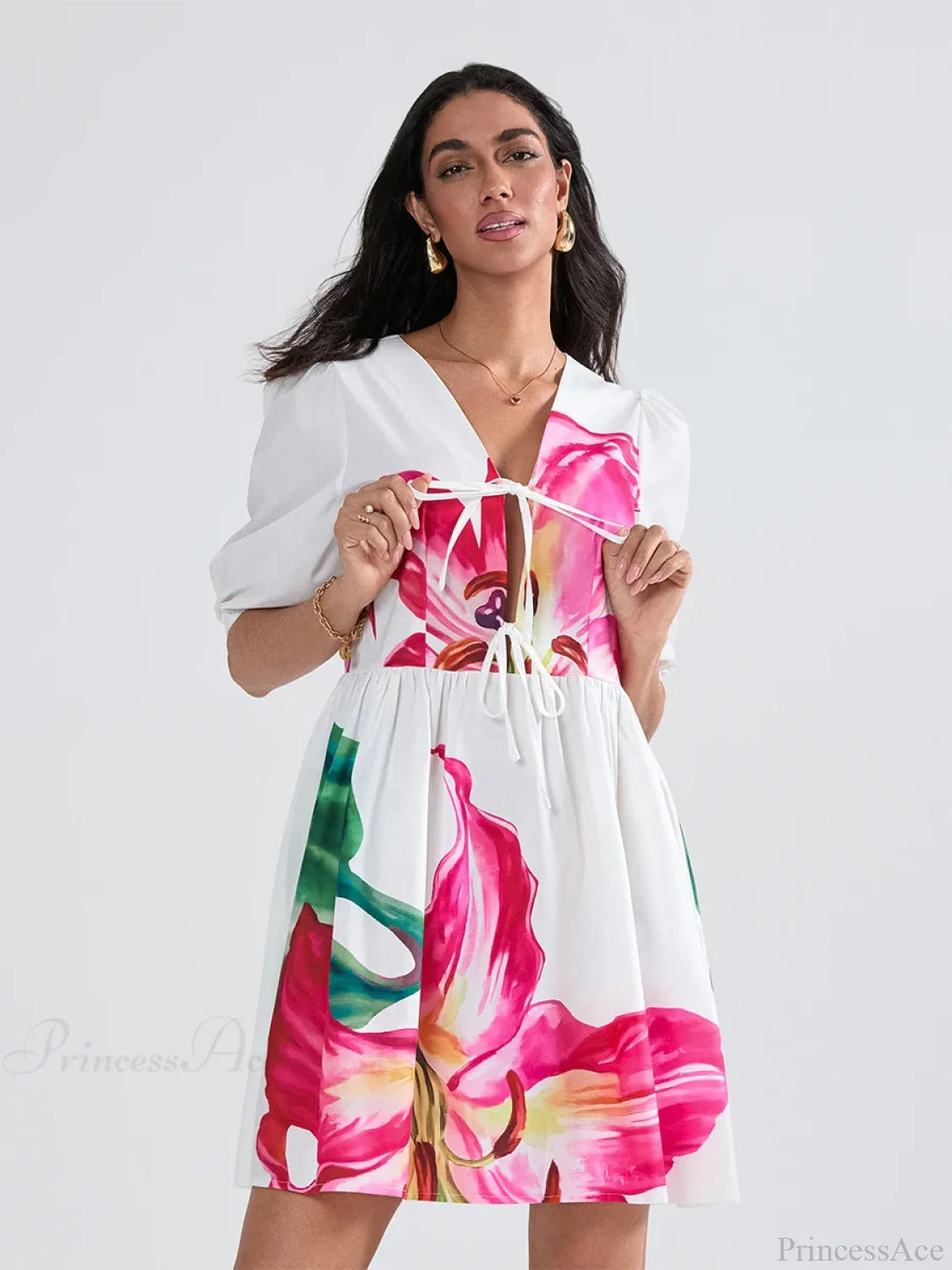 Puff Sleeve Tie-up A-Line Mini Floral Dress floraldress-250126