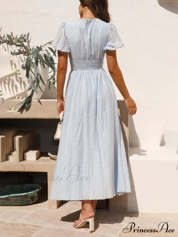 Puff Sleeve V-Neck Charming Long Oversized Hem Dress Dresses