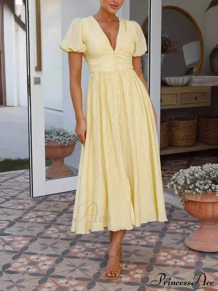 Puff Sleeve V-Neck Charming Long Oversized Hem Dress Yellow / S Dresses