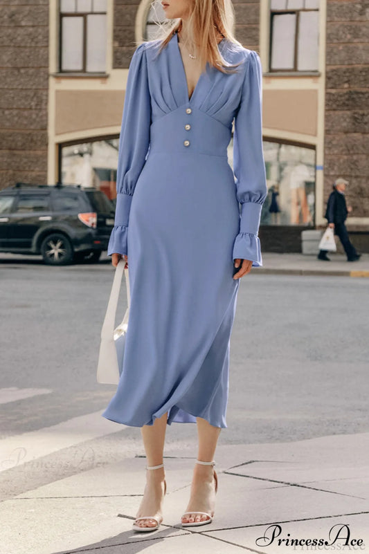 Puff Sleeve V Neck Vintage Slim Maxi Dress