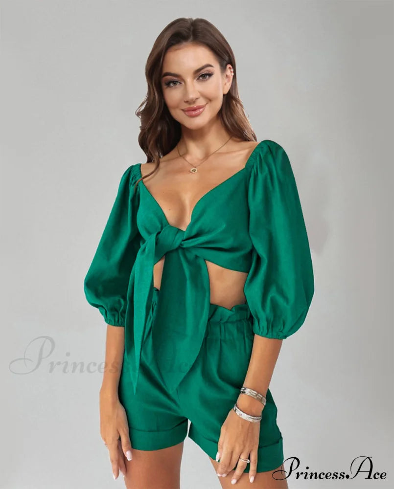 Cutout Puff Sleeve Top and Shorts Set Teal clothes crop top croptop MDML sets Ship From Overseas Shipping Delay 09/29/2023 - 10/02/2023 trend