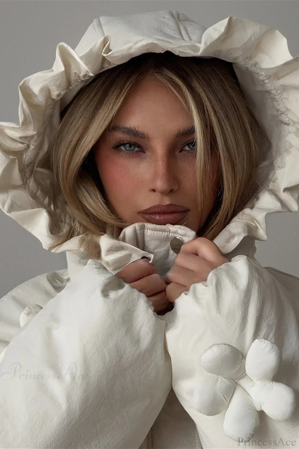 Puffer Hooded Flower Trim Casual Coat