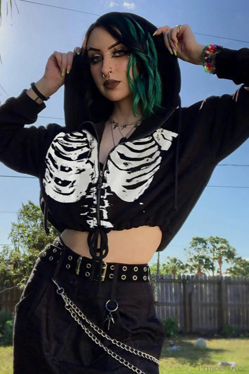 Punk Skeleton Print Cropped Hoodie Black / S