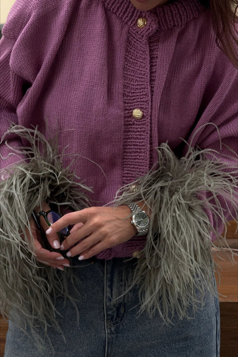 Purple Cropped Fuzzy Cuff Paneled Sweater