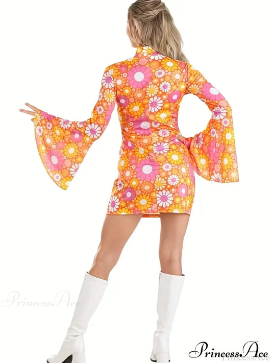 Purple Floral Flared Long Sleeve Party Dress S / Yellow Purple High Neck Maxi Dress