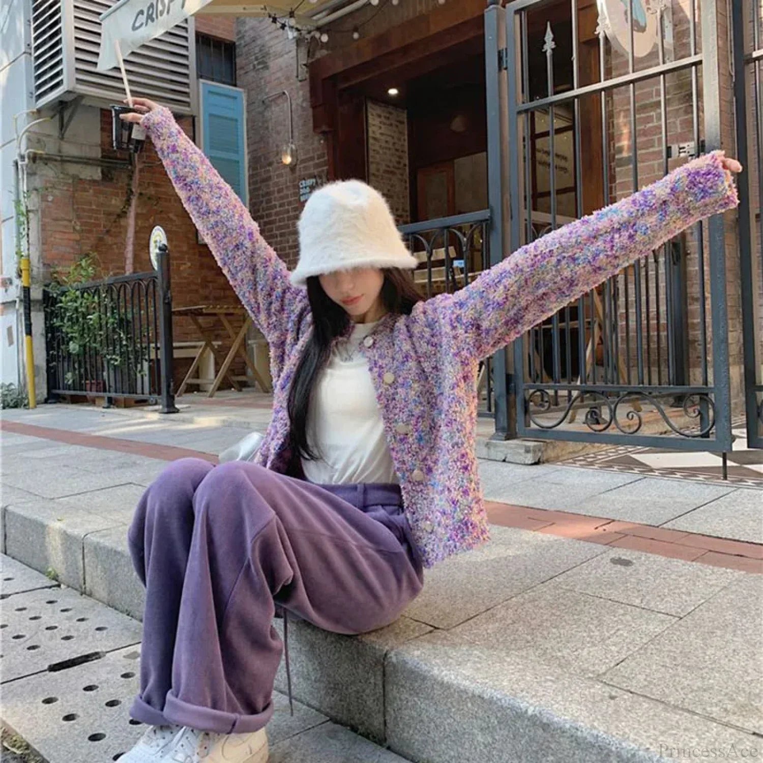 Purple Floral Lazy Wind Loose Knit Cardigan cardiagn-250126