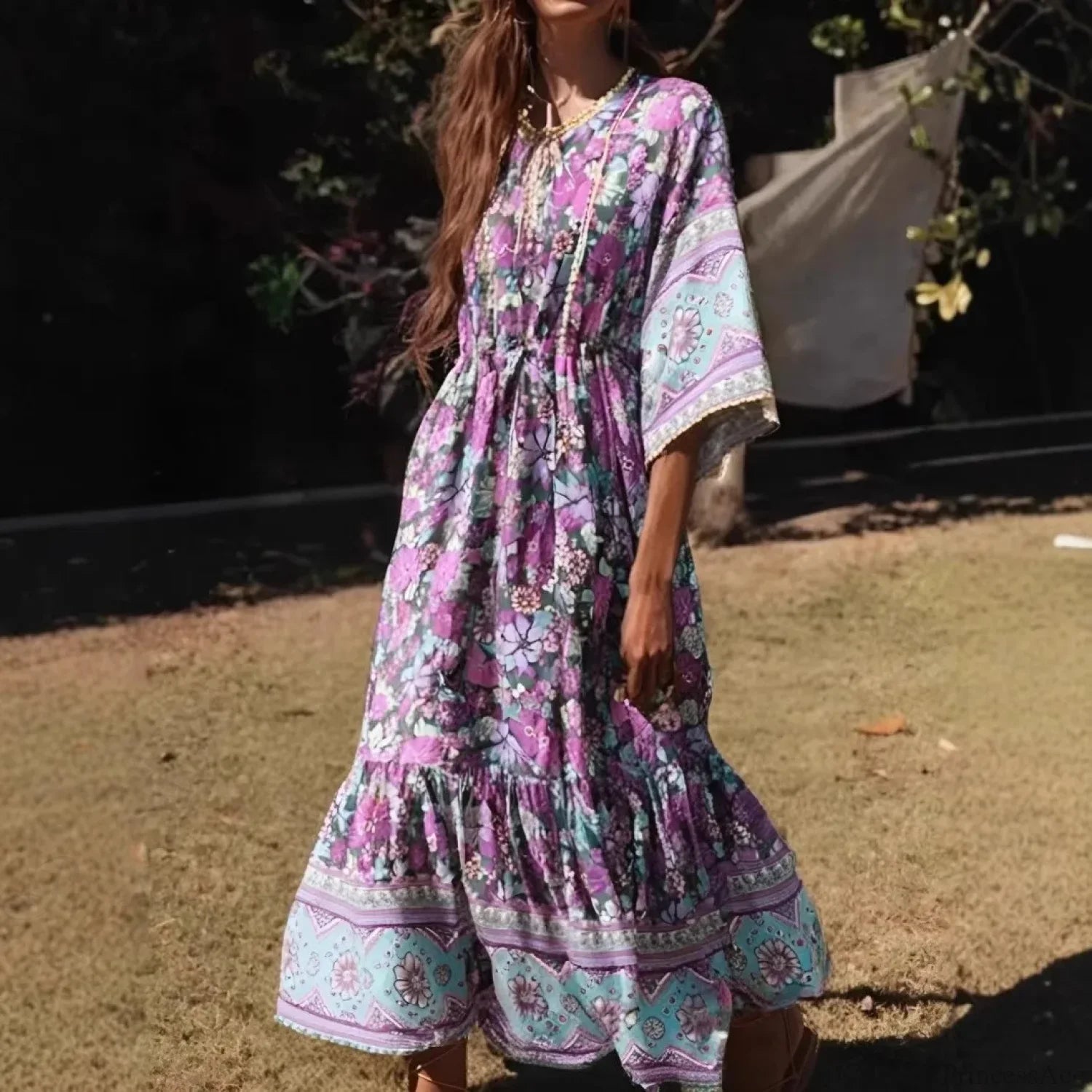 Purple Floral Print Batwing Sleeve Maxi Boho Dress Purple / S bohodress-250126