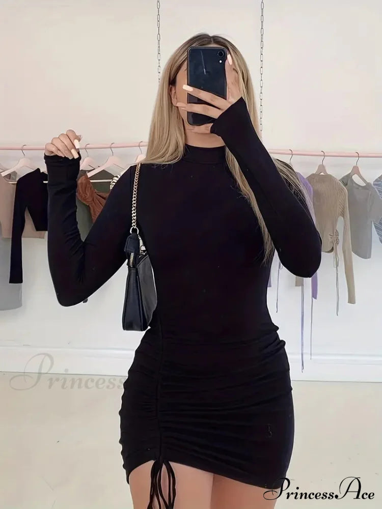 Purple High Neck Long Sleeve Bodycon Dress With Drawstring M / Black Purple Long Sleeve Bodycon