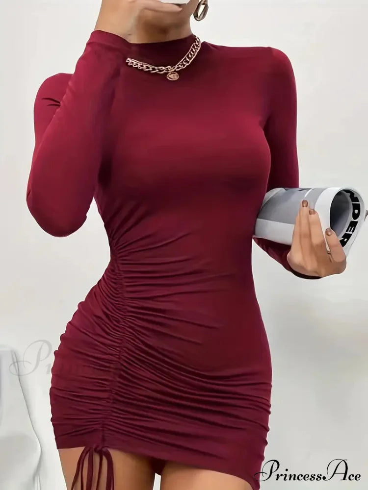 Purple High Neck Long Sleeve Bodycon Dress With Drawstring S / Burgundy Purple Long Sleeve Bodycon