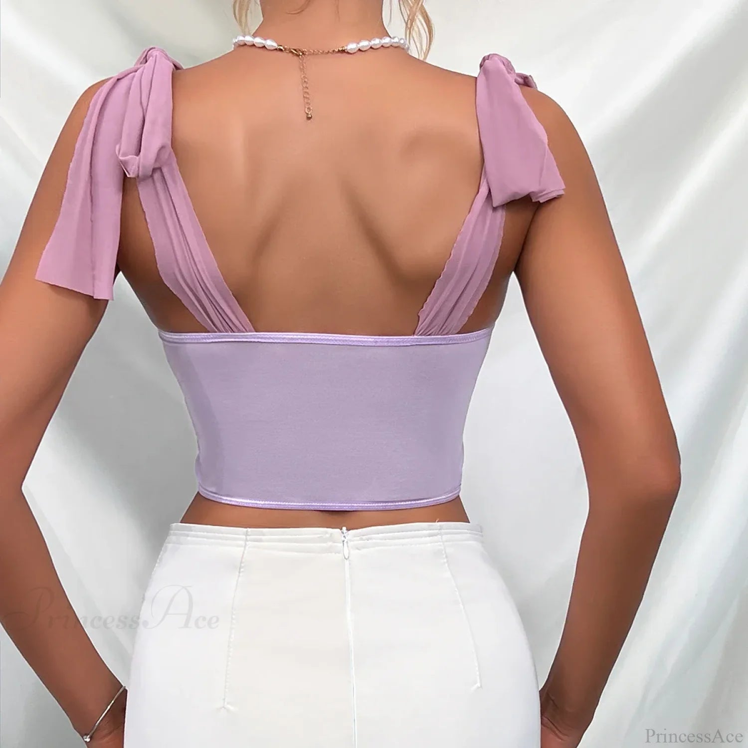 Purple Lace Bow Shoulder Strap Fishbone Crop Top croptop-250126