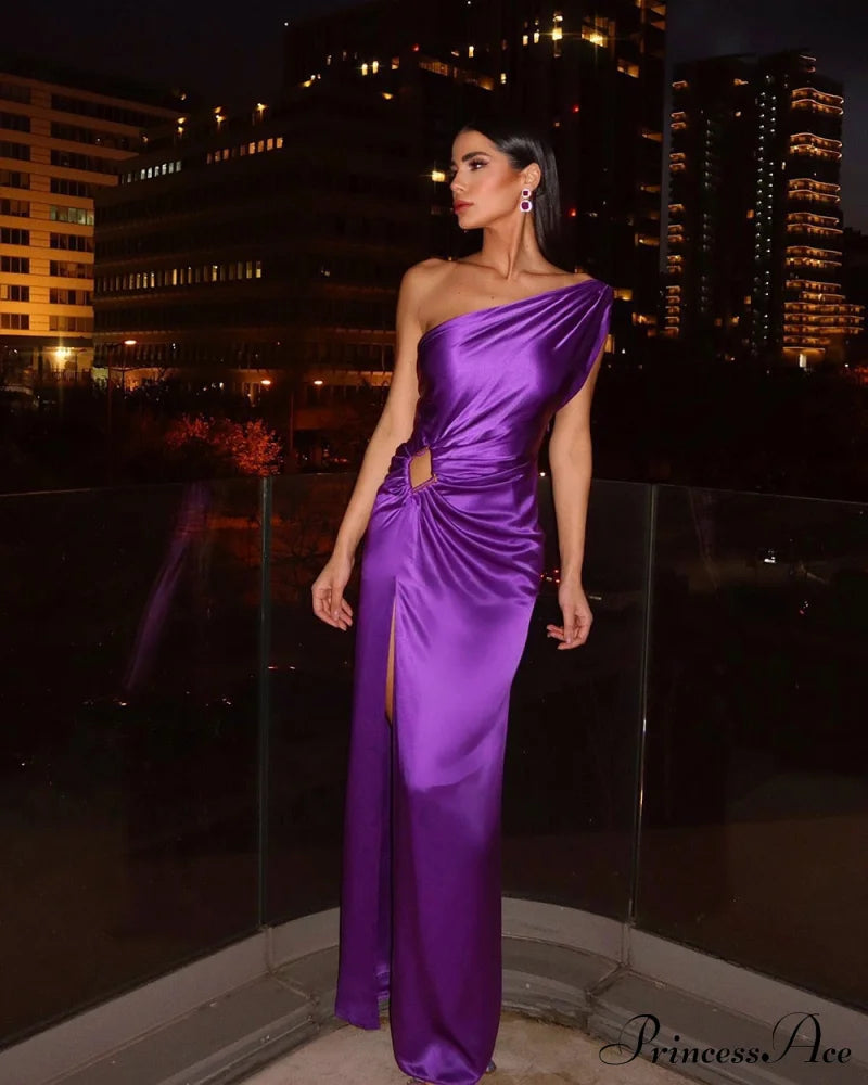 Purple One Shoulder Satin Graceful Hollow Cut Maxi Dress / L