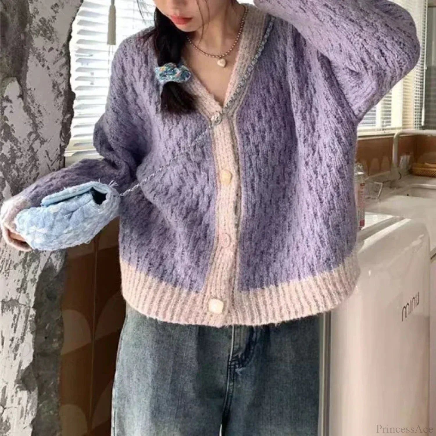 Purple Patchwork Loose Soft V-Neck Knitted Cardigan Purple / One Size cardiagn-250126