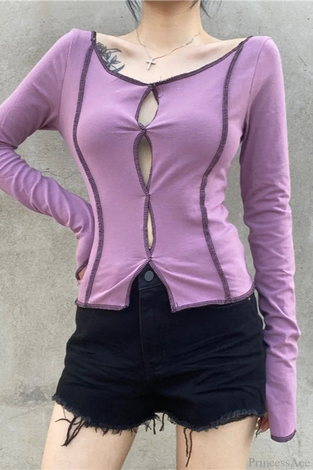 Purple Sexy Color Block Cutout Crew Neck Long Sleeve Tee