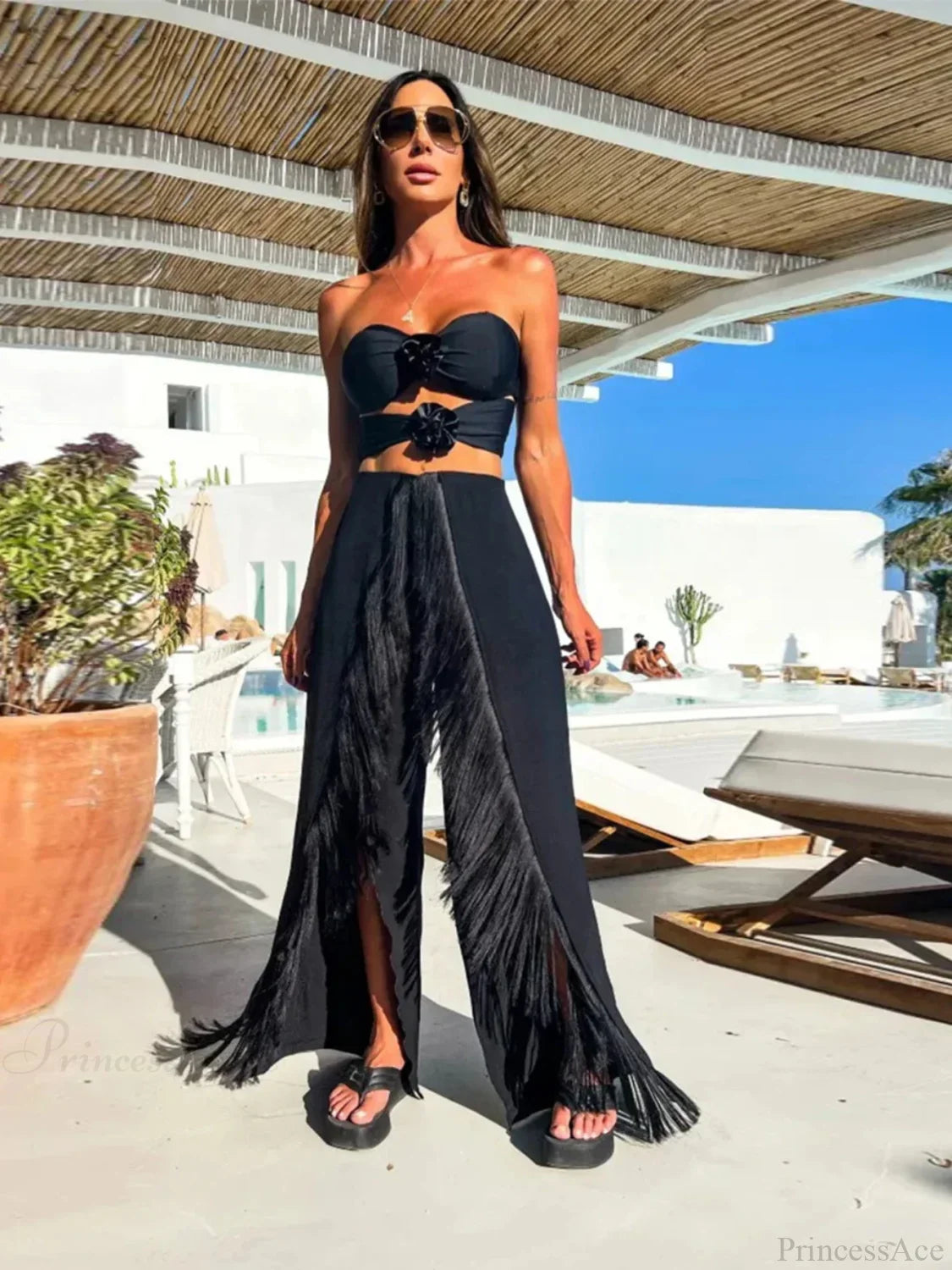 Push Up Bikini Set with Linen Three Piece Swimsuit Black / S