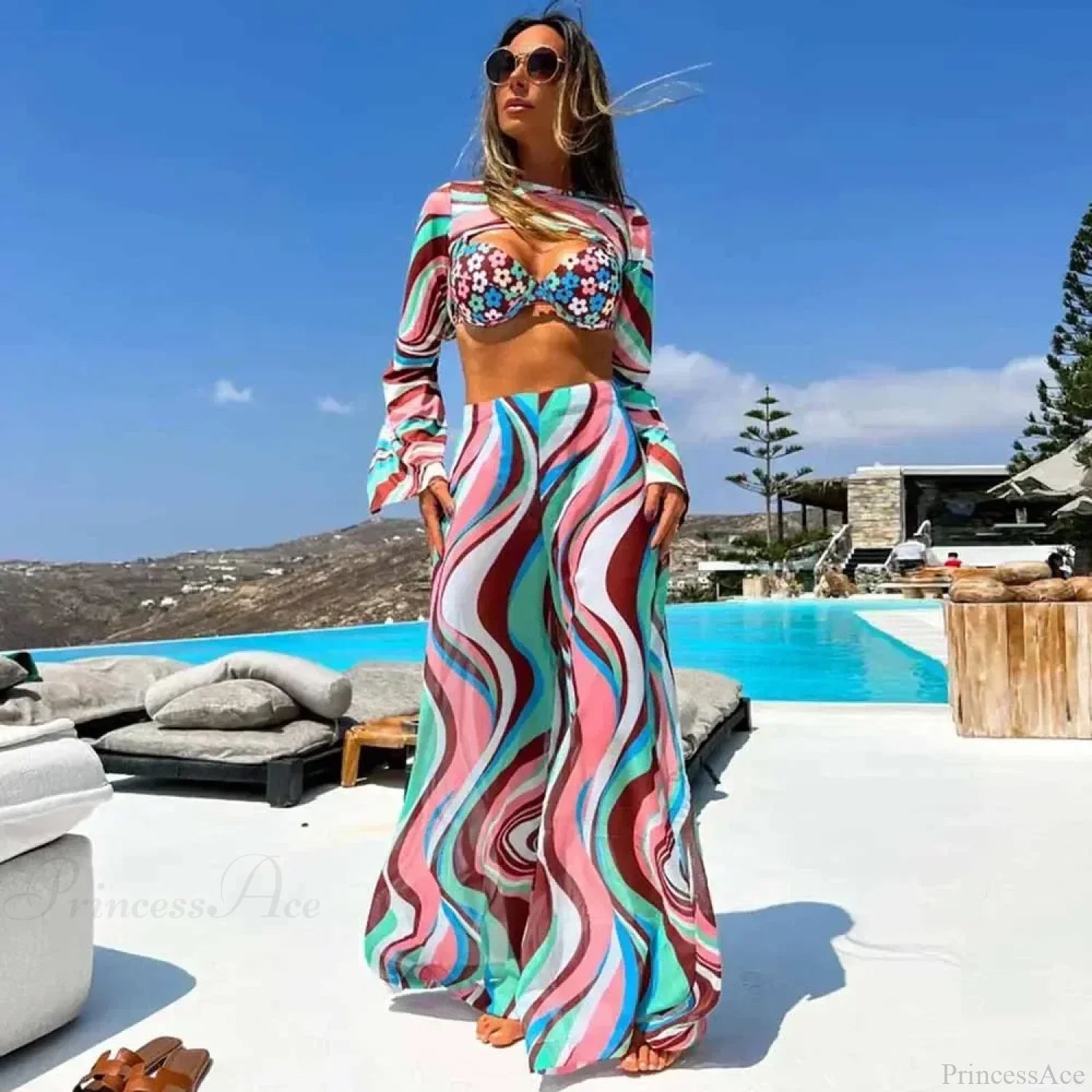 Push Up Bikini Set with Linen Three Piece Swimsuit Pink / S