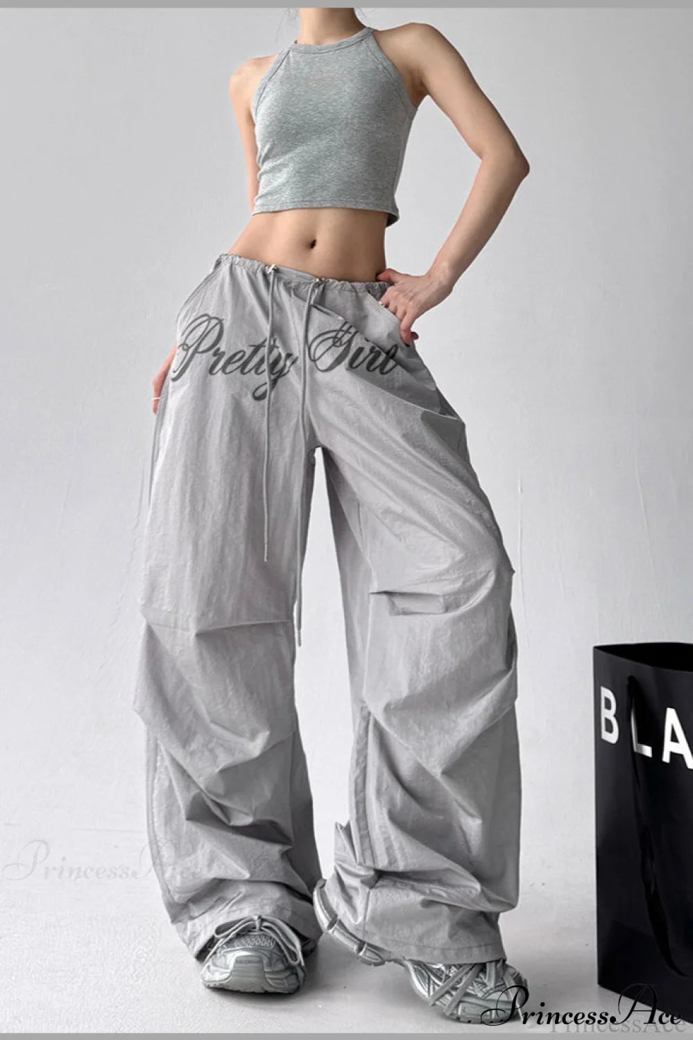 Quick-Dry Lightweight Loose Wide-Leg Drawstring Pants Grey / S