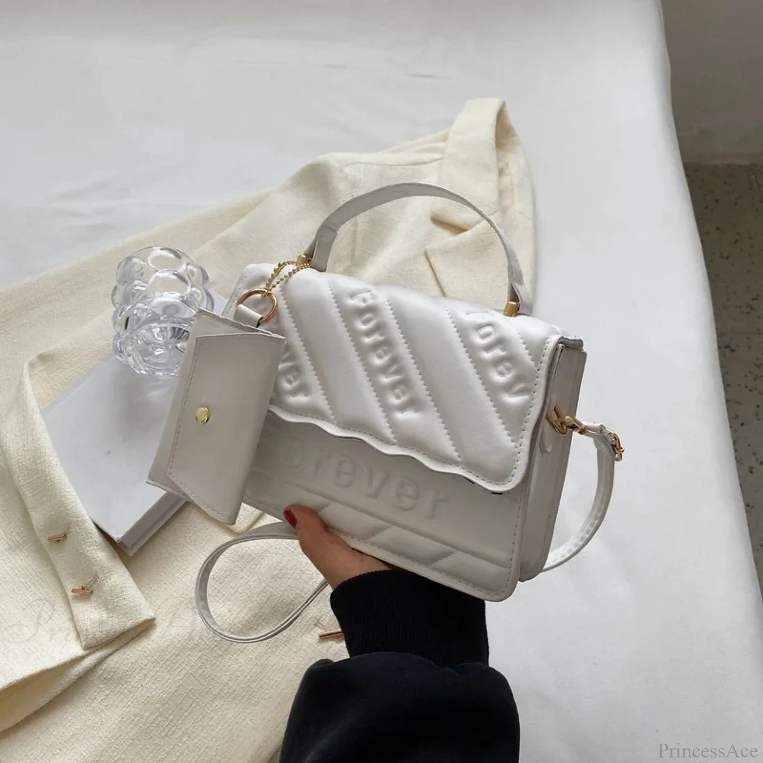 Quilted PU Leather Small Crossbody Handbag White handbag-250126