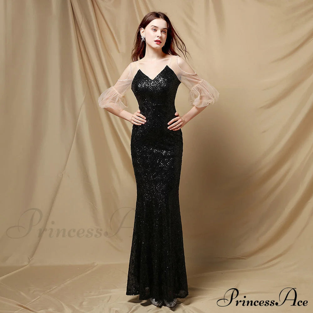 Quinn Sequin Scroll Charming Puff Sleeve Dress Black / S S.o. Long Dresses