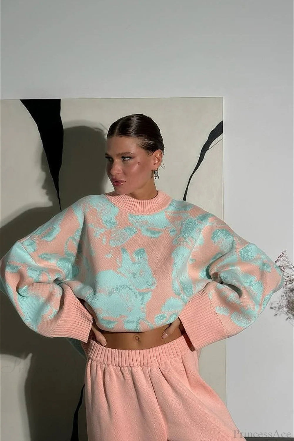 Rabbit Pattern Loose Lazy Colorblock Sweater