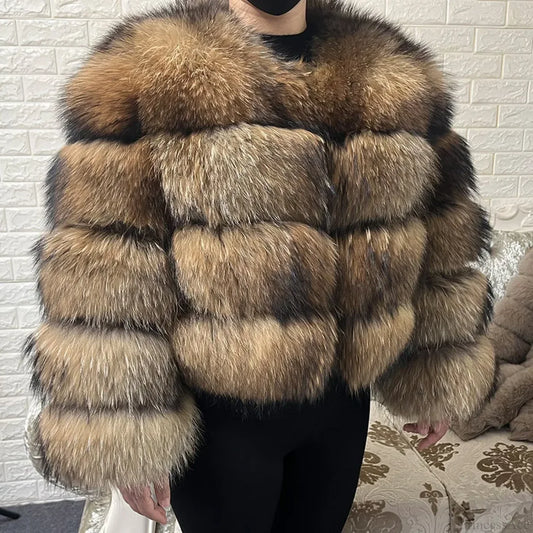 Raccoon Fur Thick Luxury Winter Coat Brown / S