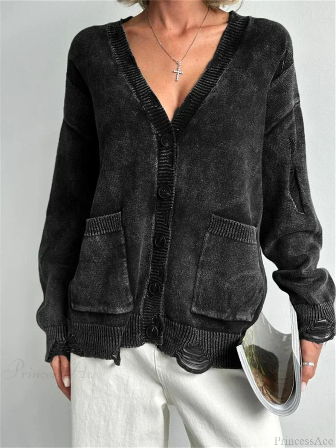 Ragged Button Up Oversized Cardigan Black / S