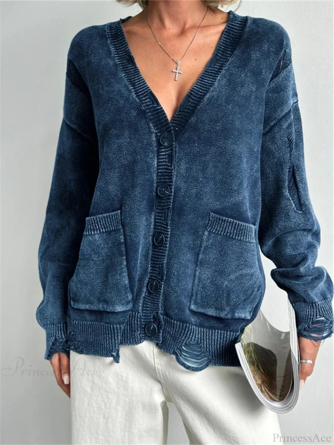 Ragged Button Up Oversized Cardigan Blue / S