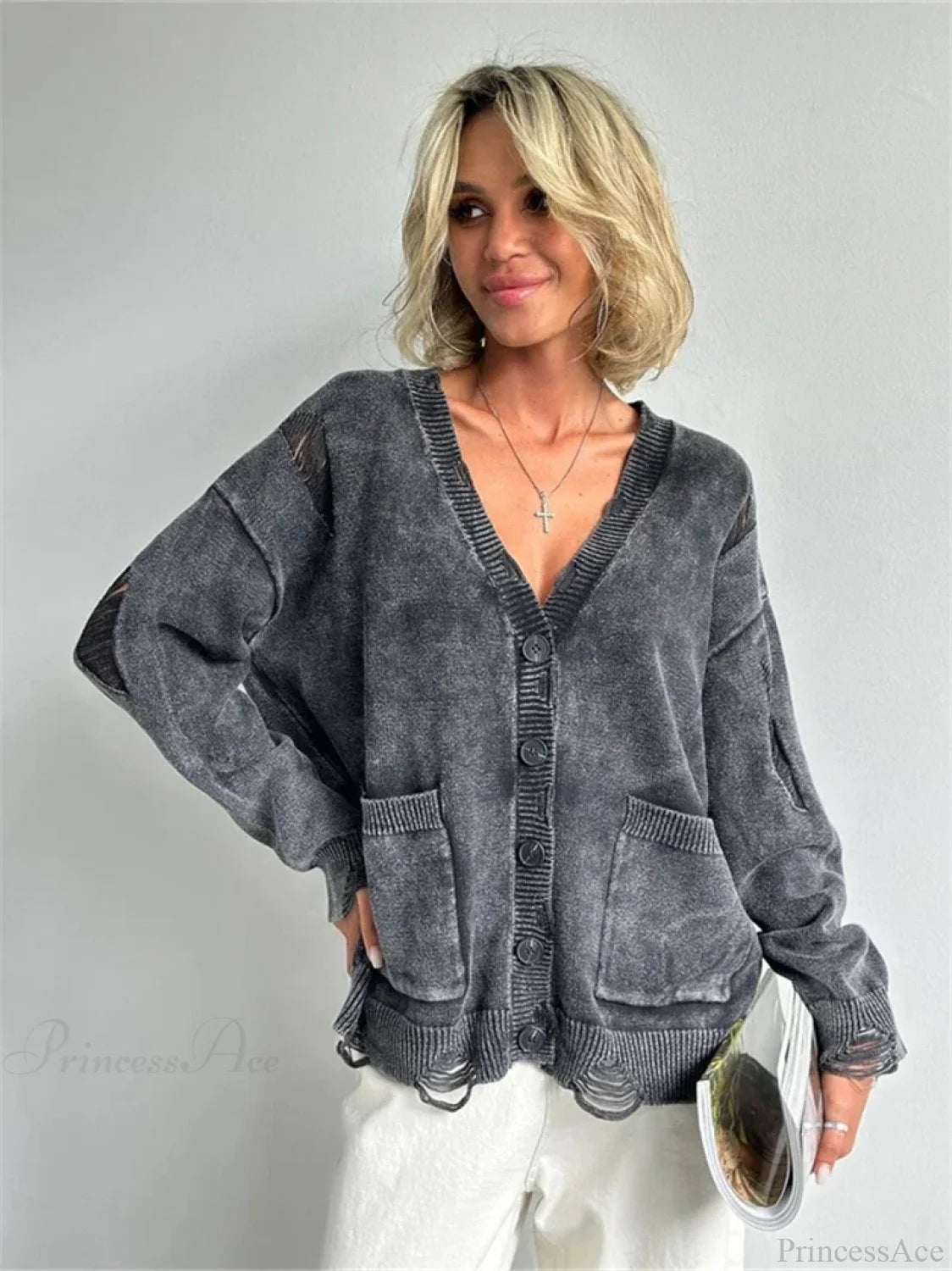 Ragged Button Up Oversized Cardigan GRAY / S