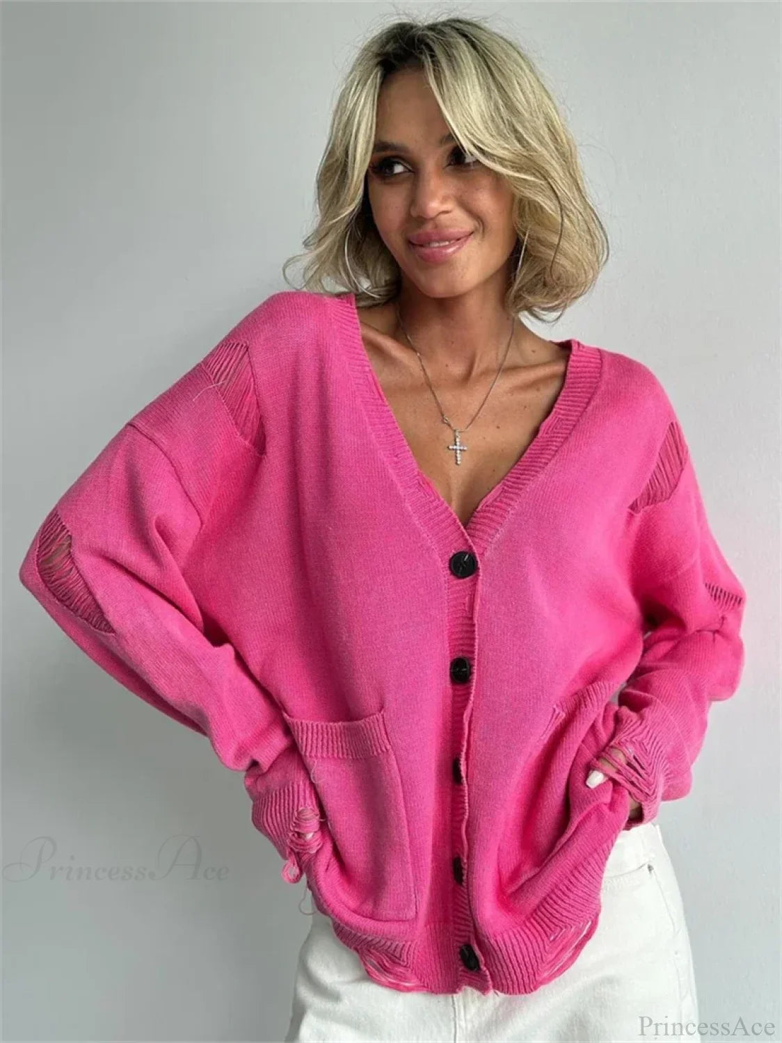 Ragged Button Up Oversized Cardigan Rose Red / S