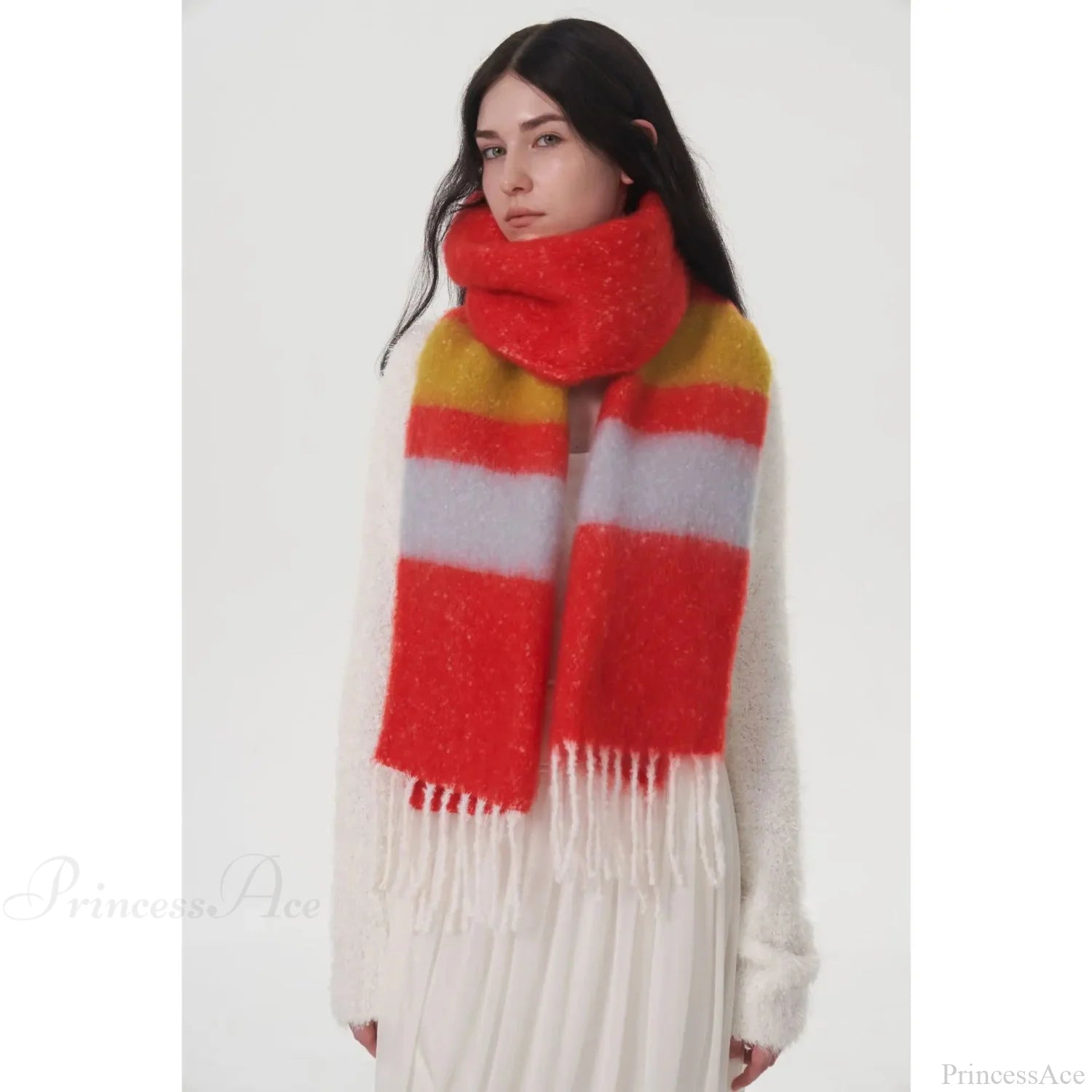 Rainbow Striped Thick Muffler Scarf For Autumn/Winter Warmth Red Purple / L214Cm W35Cm Scarfs-L