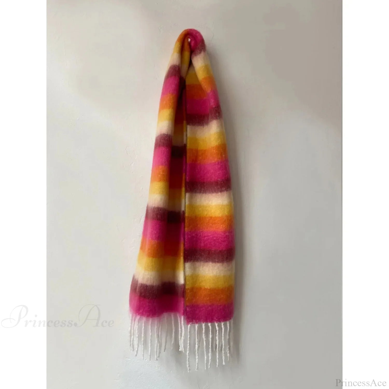 Rainbow Striped Thick Muffler Scarf For Autumn/Winter Warmth Rose Orange / L214Cm W35Cm Scarfs-L