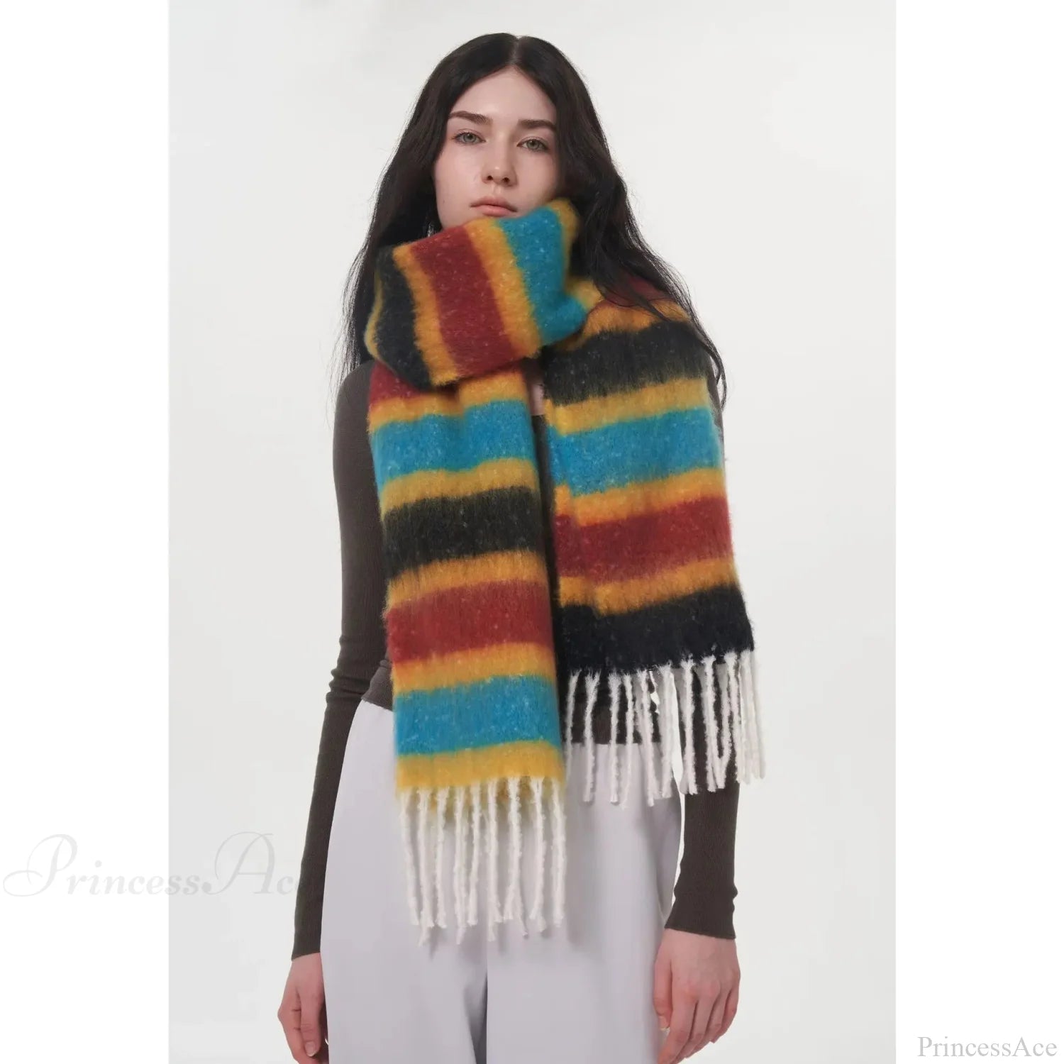 Rainbow Striped Thick Muffler Scarf For Autumn/Winter Warmth Wine Red - Black / L214Cm W35Cm