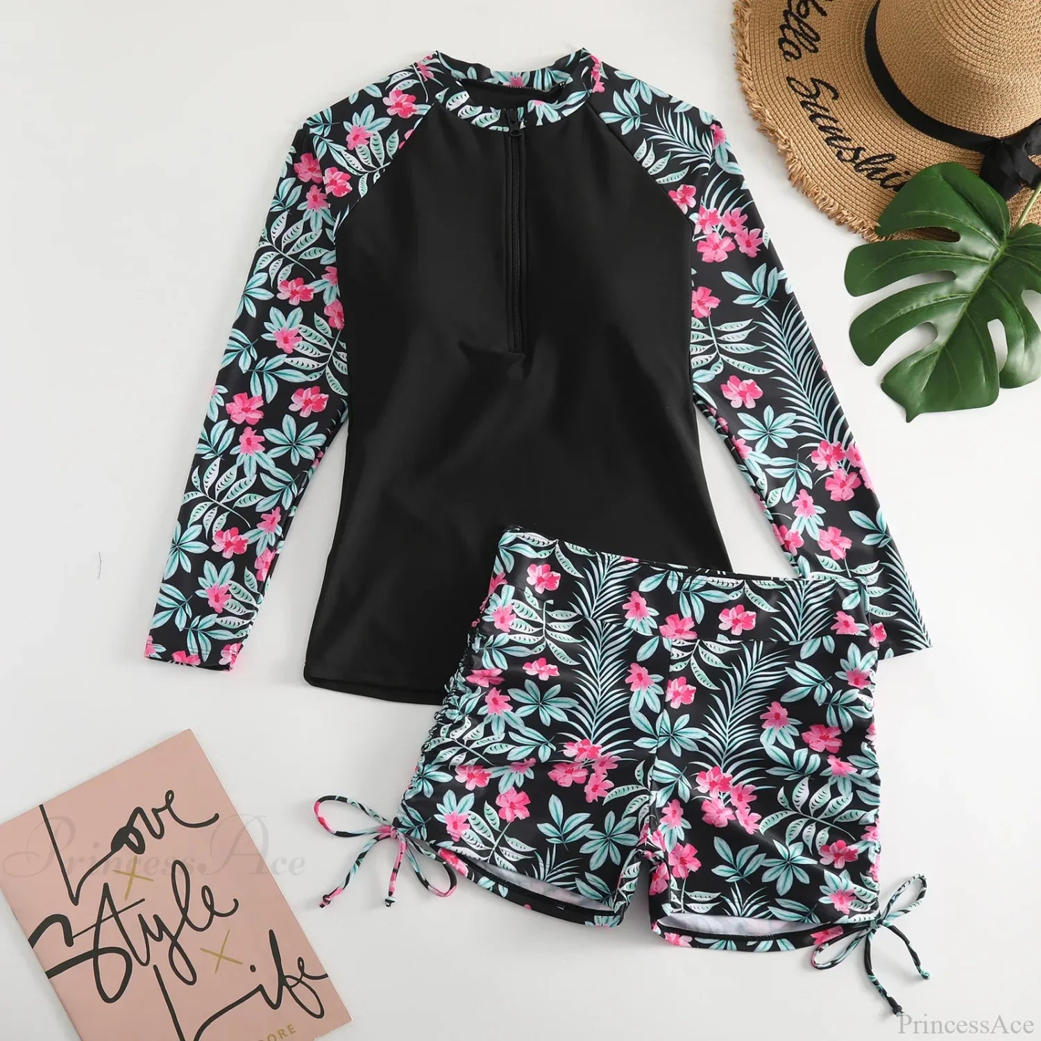 Rash Guard Shorts Drawstring Two Piece Set Red / S