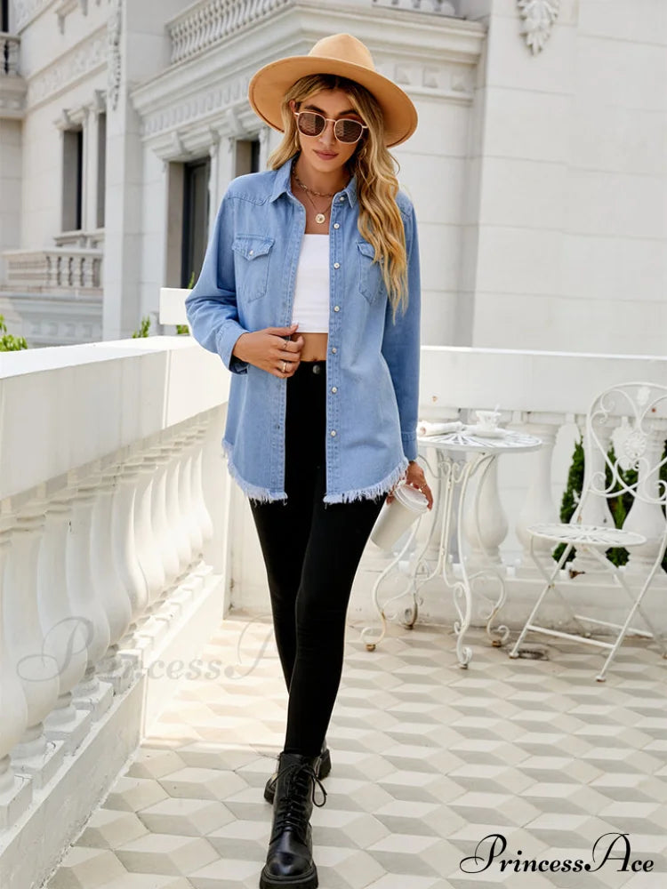 Raw Hem Denim Arm Long Blouse Jacket Women’s Clothing
