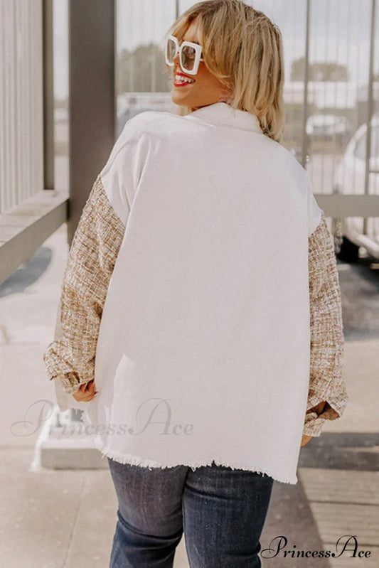 Raw Plus Tweed Size Down White Patchwork Blouse Hem Button Jacket